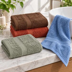 Super Soft Pure Cotton Hand Towels (Set of 4) | Chocolate Brown, Burnt Orange, Sage Grey & Sky Blue