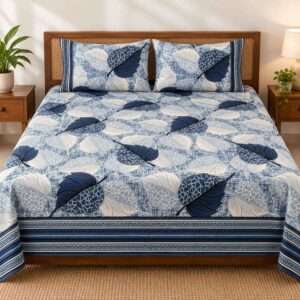RANGRITI King Size Bedsheet Set (1+2) | Light Blue, Navy Blue & Cream
