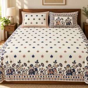 RANGRITI King Size Bedsheet Set (1+2) | Ivory White, Navy Blue, Peach & Olive